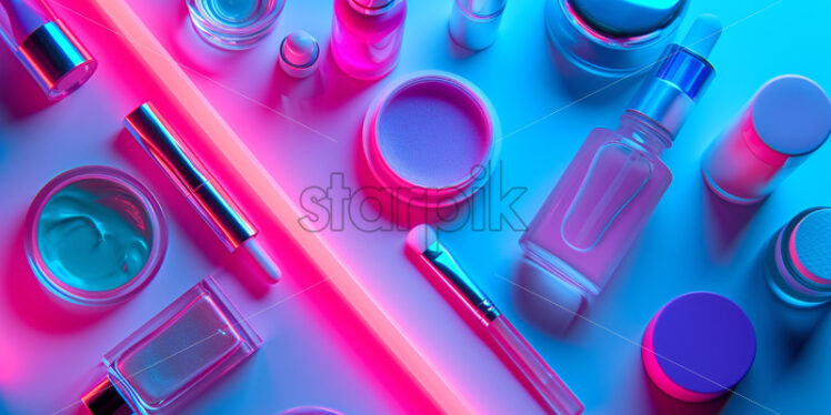 Homemade skincare table, vibrant neon theme, top view - Starpik Stock