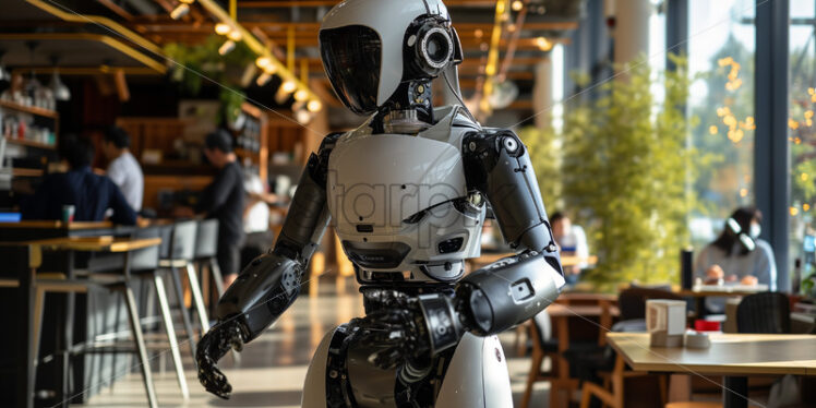 Human-like janitorial robot prototype in coffee shop  - Starpik Stock