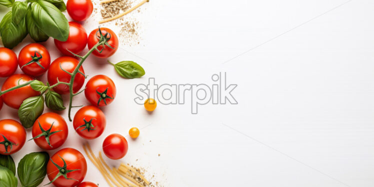 Italian food ingredients - fresh cherry tomatoes, basil and pasta on isolated white background - Starpik Stock