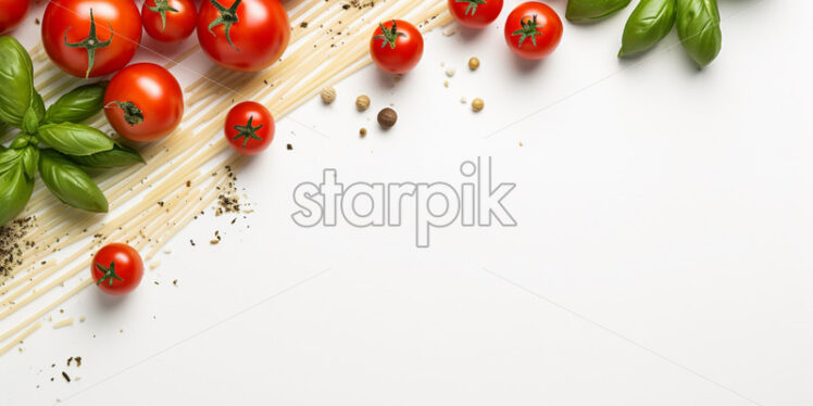 Italian food ingredients - fresh cherry tomatoes, basil and pasta on isolated white background - Starpik Stock