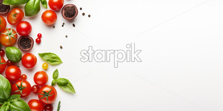 Italian food ingredients - fresh cherry tomatoes, basil and pasta on isolated white background - Starpik Stock