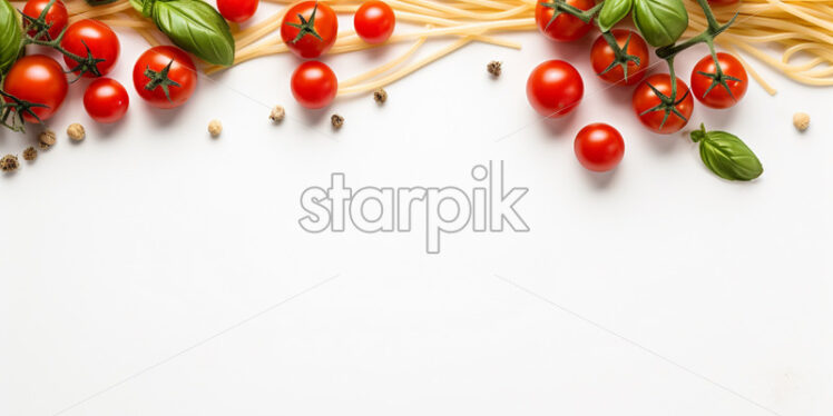 Italian food ingredients - fresh cherry tomatoes, basil and pasta on isolated white background - Starpik Stock