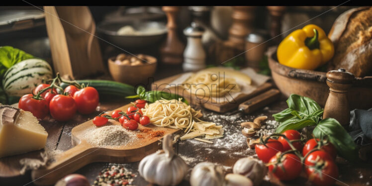 Italian pastas rustic kitchen, making the dough - Starpik Stock