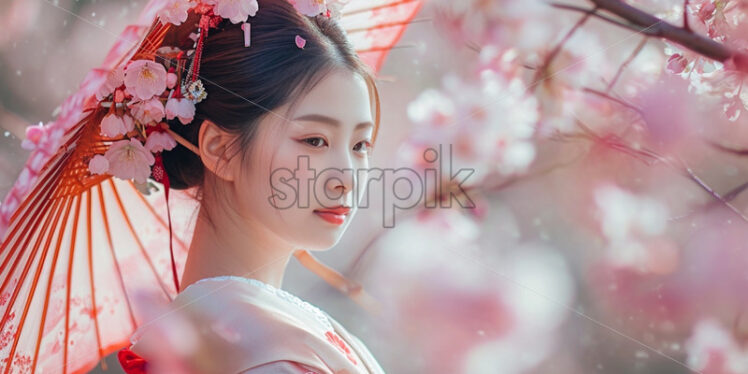 Japanese woman in a cherry orchard, traditional dress, spring blossom - Starpik Stock