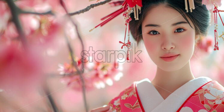 Japanese woman in a cherry orchard, traditional dress, spring blossom - Starpik Stock