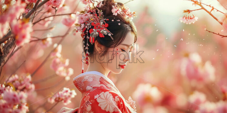 Japanese woman in a cherry orchard, traditional dress, spring blossom - Starpik Stock