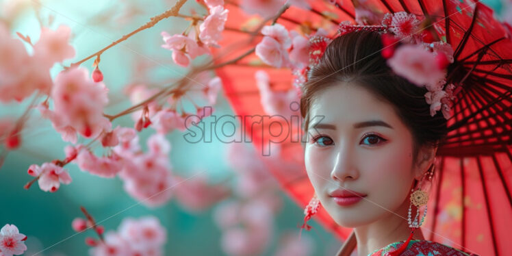 Japanese woman in a cherry orchard, traditional dress, spring blossom - Starpik Stock