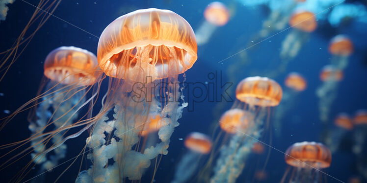 Jellyfish swimming underwater, beautiful orange jellyfish.Ocean life - Starpik Stock