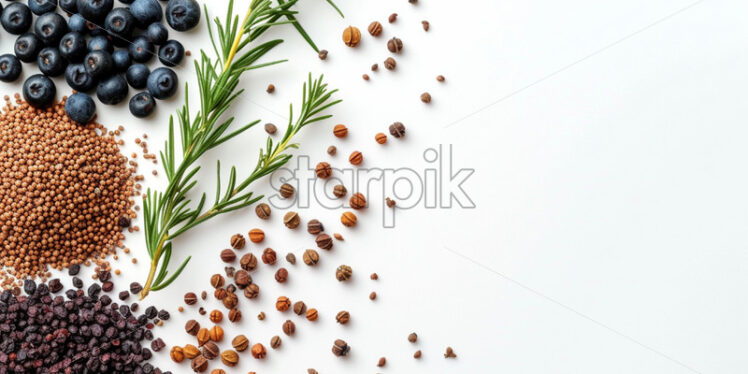 Juniper berries and fenugreek seeds on white background - Starpik Stock