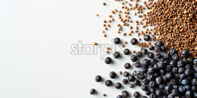 Juniper berries and fenugreek seeds on white background - Starpik Stock