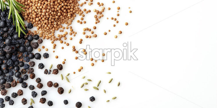 Juniper berries and fenugreek seeds on white background - Starpik Stock