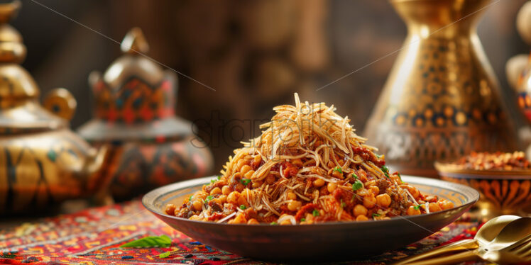 Koshari in a bowl with crispy onions - Starpik Stock