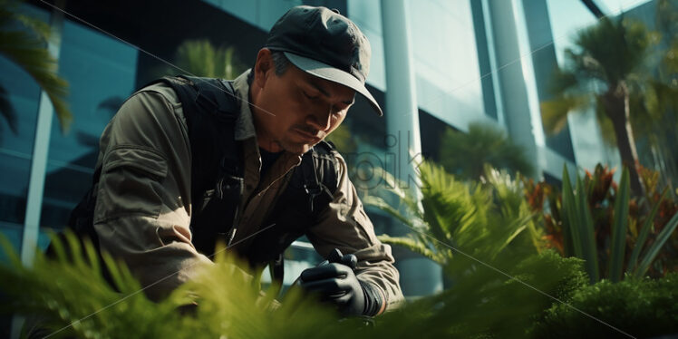 Landscapers man focused on planting plants in front of the building - Starpik Stock