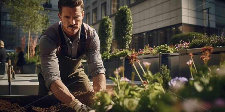 Landscapers man planting plants in front of the building - Starpik Stock