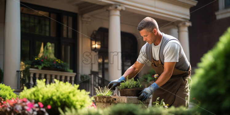 Landscapers man planting plants in front of the clients house - Starpik Stock