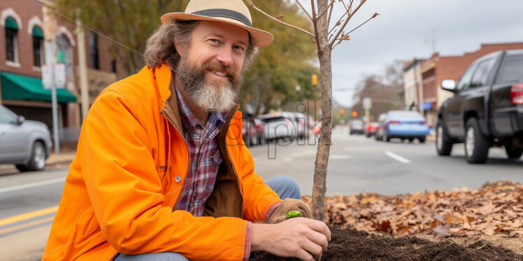 Landscapers man planting tree - Starpik Stock