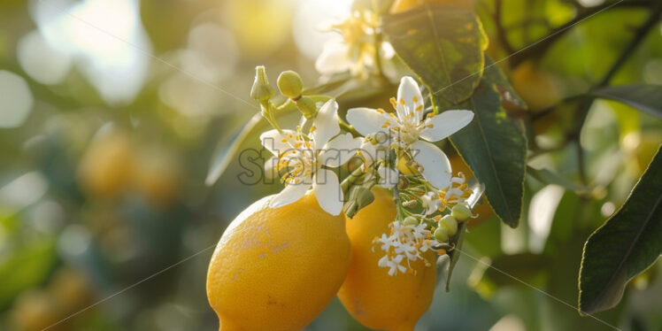 Lemon growing in the orchard, blooming lemon flowers - Starpik Stock