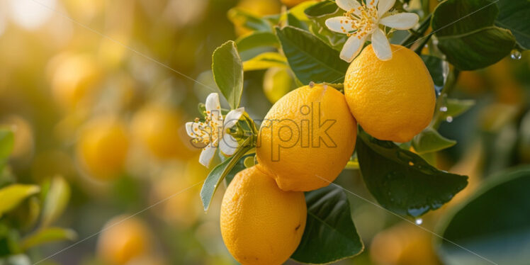 Lemon growing in the orchard, blooming lemon flowers - Starpik Stock