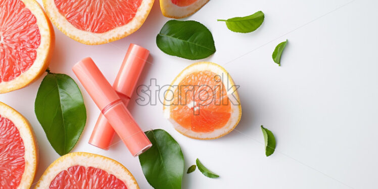 Lip balm stick with grapefruit on flat lay - Starpik Stock