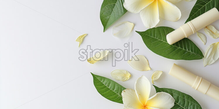 Lip balm stick with vanilla flower on flat lay - Starpik Stock