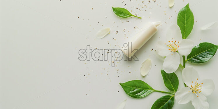 Lip balm stick with vanilla flower on flat lay - Starpik Stock