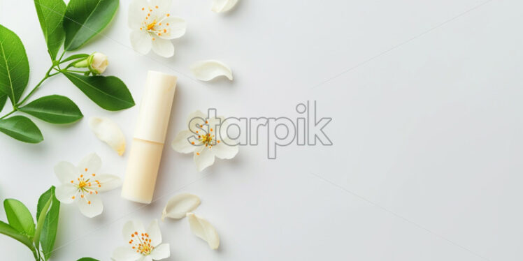 Lip balm stick with vanilla flower on flat lay - Starpik Stock