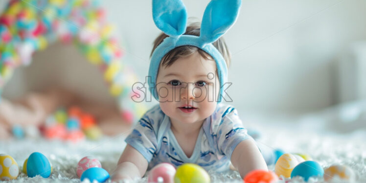 Little boy in blue bunny ears with colorful eggs - Starpik Stock