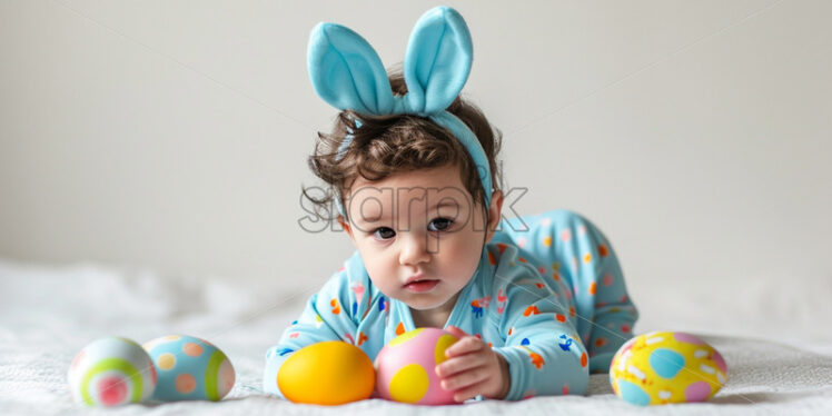 Little boy in blue bunny ears with colorful eggs - Starpik Stock