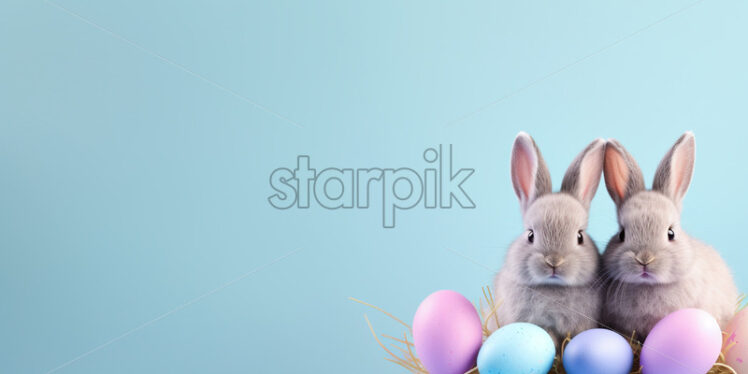 Little bunnies on a table, next to painted eggs - Starpik Stock