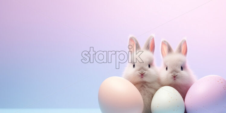 Little bunnies on a table, next to painted eggs - Starpik Stock