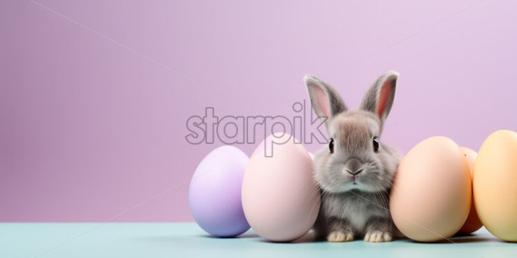 Little bunnies on a table, next to painted eggs - Starpik Stock