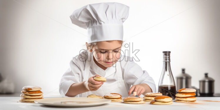 Little chef preparing pancake, on isolated white background - Starpik Stock