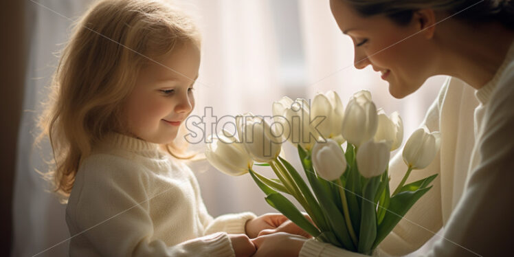 Little girl giving white tulips to her mother in living room - Starpik Stock