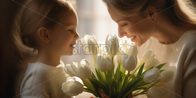 Little girl giving white tulips to her mother in living room - Starpik Stock