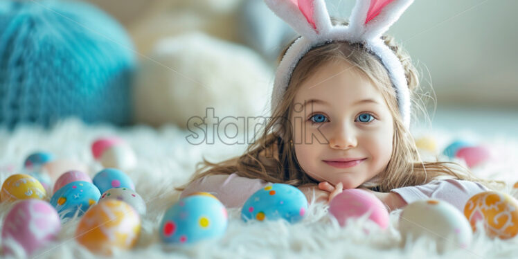 Little girl in bunny ears with colorful eggs - Starpik Stock