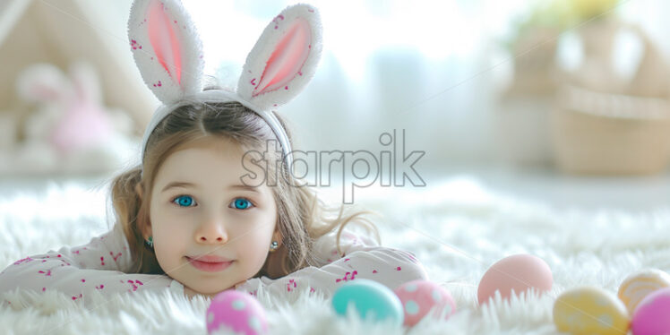 Little girl in bunny ears with colorful eggs - Starpik Stock