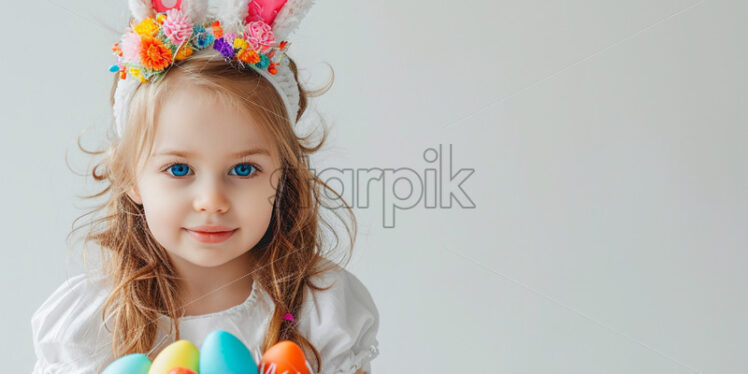 Little girl in bunny ears with colorful eggs - Starpik Stock