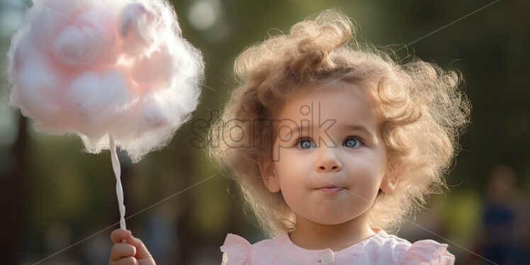 Little girl with cotton candy on a stick in the park - Starpik Stock