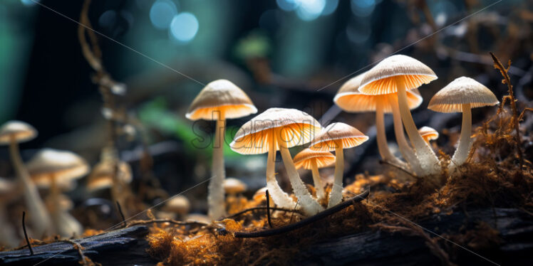 Luminescent mushrooms carpeting the jungle floor, casting an otherworldly glow - Starpik Stock