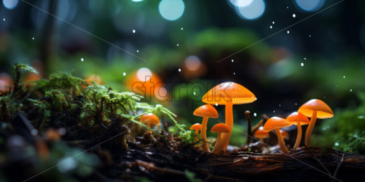 Luminescent mushrooms carpeting the jungle floor, casting an otherworldly glow - Starpik Stock