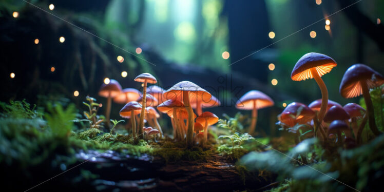 Luminescent mushrooms carpeting the jungle floor, casting an otherworldly glow - Starpik Stock