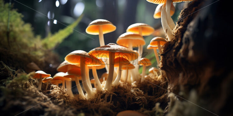 Luminescent mushrooms carpeting the jungle floor, casting an otherworldly glow - Starpik Stock