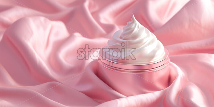 Luxury cream swirl texture and lid isolated on pink background - Starpik Stock