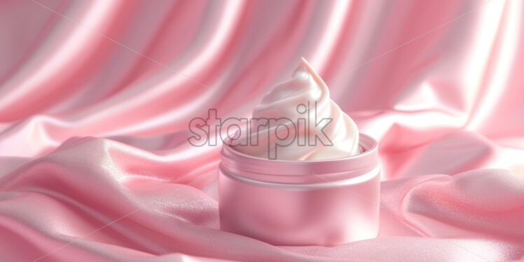 Luxury cream swirl texture and lid isolated on pink background - Starpik Stock