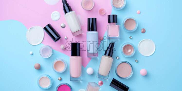 Luxury set bottles of makeup foundation and samples on color background - Starpik Stock