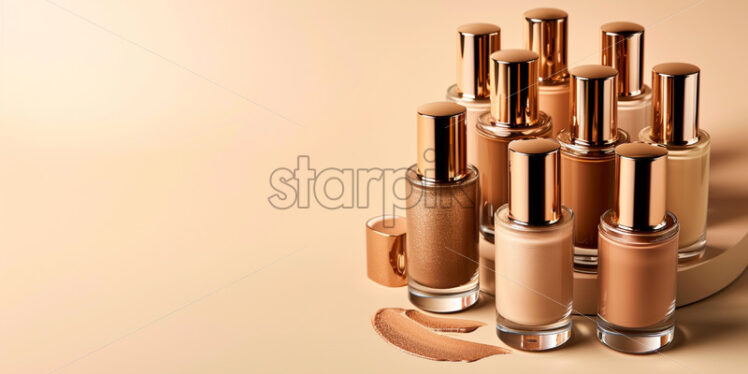 Luxury set bottles of makeup foundation and samples on color background - Starpik Stock