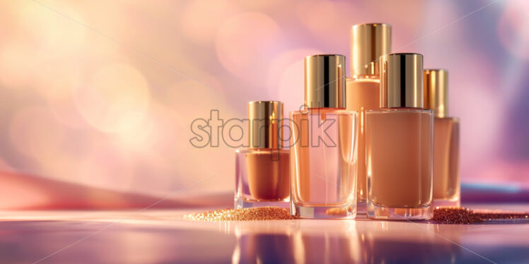 Luxury set bottles of makeup foundation and samples on color background - Starpik Stock