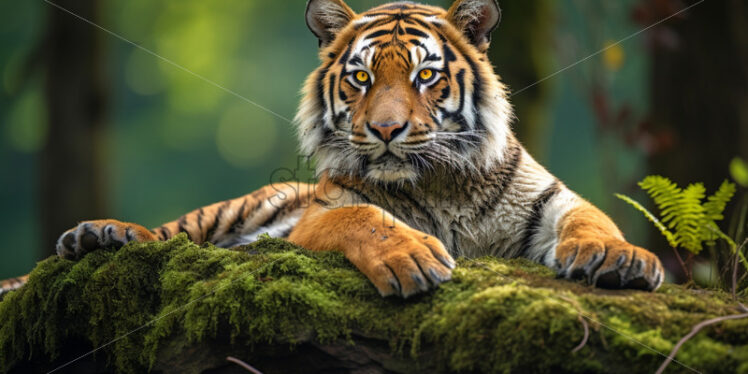 Majestic Bengal Tiger resting on a moss-covered rock in the heart of the jungle - Starpik Stock