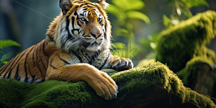 Majestic Bengal Tiger resting on a moss-covered rock in the heart of the jungle - Starpik Stock