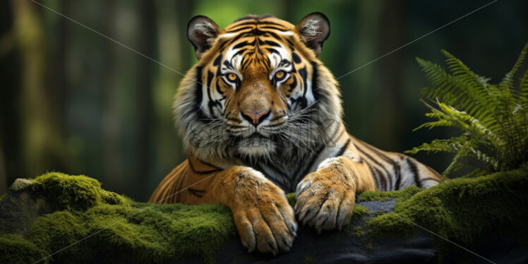 Majestic Bengal Tiger resting on a moss-covered rock in the heart of the jungle - Starpik Stock